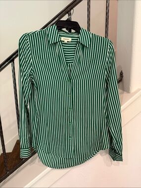 L'AGENCE Green and White Striped Button-Front Blouse
